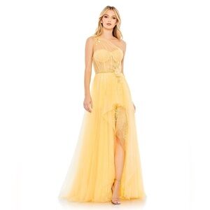 Mac Duggal Embellished Tulle One Shoulder High Low Gown Lemon Yellow 50661 prom